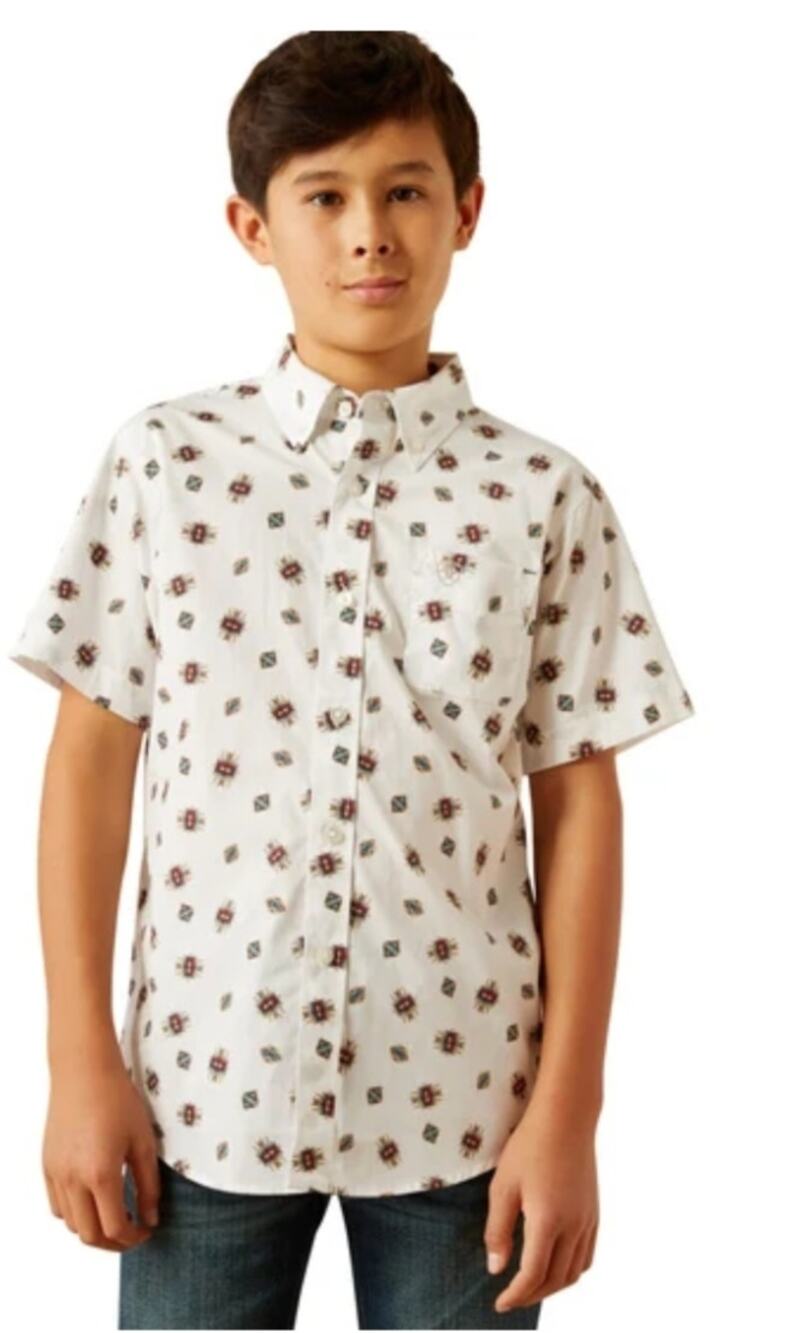 M1228)Ariat Boy Classic Fit Westscott Southwst Print Short Sleeve Shirt M(10-12